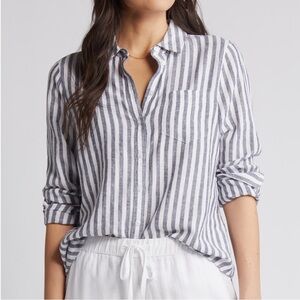 Grey Striped Linen Blend Button Up